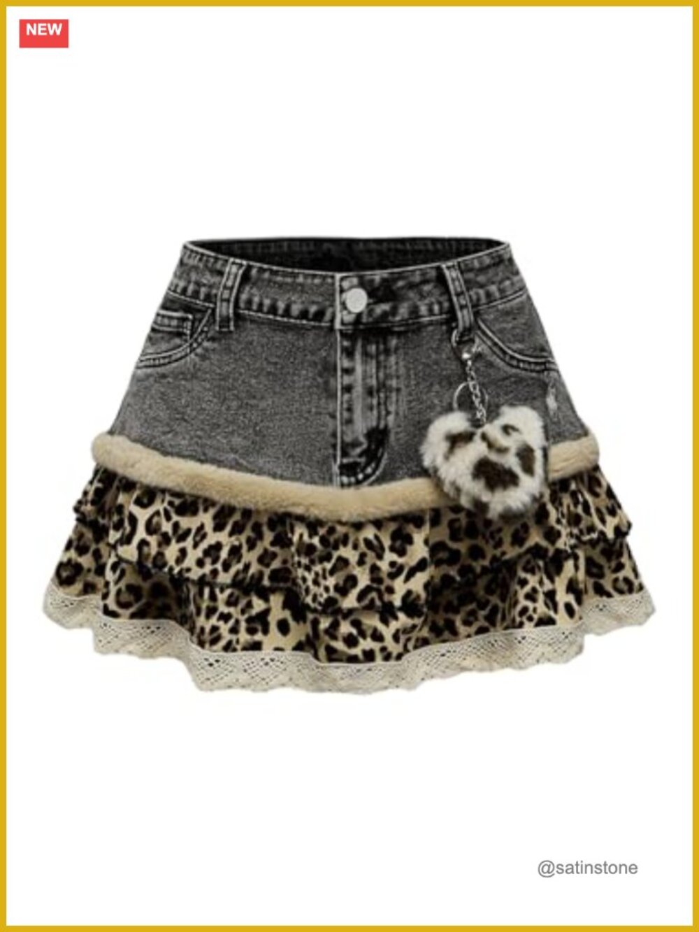 Y2K Leopard Print Denim Mini Skirt Fuzzy Ruffle A-Line